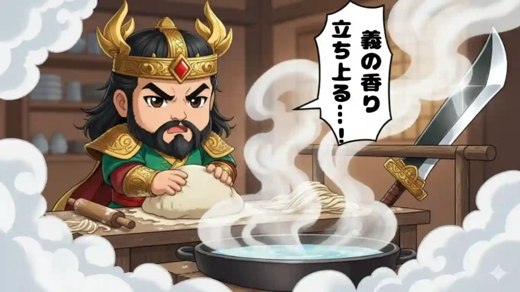 漫画風ちびキャラの関羽が、真剣な表情で麺生地を力強くこねているイラスト。調理台の奥には彼の愛用の武器、青龍偃月刀が鋭く光っている。手前には湯気を上げる鍋があり、立ち上る湯気の中に「義の香り、立ち上る…!」という吹き出しのテキストが描かれている。2Dアニメ調。