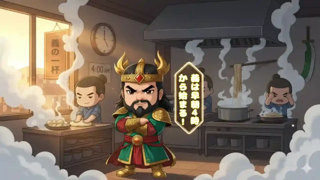 漫画風ちびキャラの関羽が、腕を組み、凛とした表情で厨房の中心に立っているイラスト。夜明け直前の薄暗い厨房に、窓から朝日が差し込み、温かいオレンジ〜金の光が湯気と重なり合う。「4:00 AM」と表示された時計が壁にかかっており、窓の外には「義の一杯」の看板がうっすらと見える。奥では若い弟子たちが、汗を光らせながら麺を打ったりスープを仕込んだりしており、一人の弟子は眠そうな表情。壁には青龍偃月刀が静かに光っている。関羽の口元近くには「義は早朝4時から始まる!」という吹き出しが、白と金の縁取り文字で縦長に配置されている。2Dアニメ調。