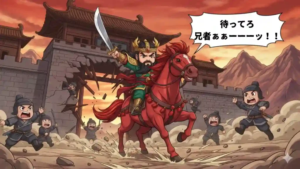 ちびキャラの関羽が赤兎馬にまたがり、剣を掲げて関所の門を豪快に突破している2Dアニメ調のイラスト。関羽は「待ってろ兄者ぁーーーッ!」という吹き出しと共に、背後の門を破壊し、周囲の兵士たちは驚きや恐れで逃げ惑っている。背景には山々と伝統的な建築物が描かれ、全体的に活気と勇ましさが表現されている。