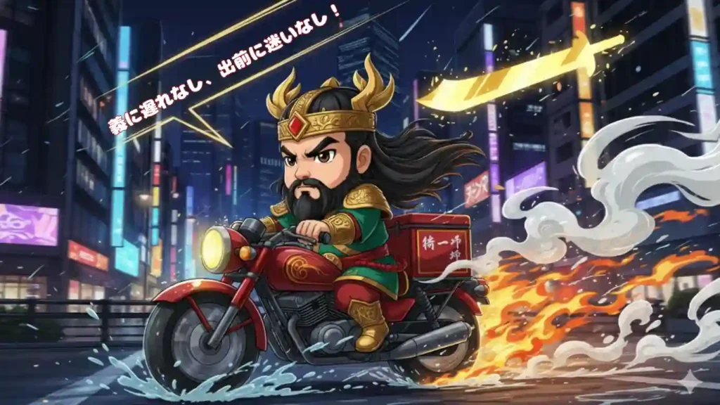 漫画風ちびキャラの関羽が、赤いバイク「赤兎馬」にまたがり、夜の都会を疾走しているイラスト。バイクのサイドには「義の一杯」と書かれたロゴ入りの保温ボックスが積まれている。後方にはスープの湯気と炎、風のエフェクトが激しく流れ、スピード感を演出。背景はネオンが輝く夜の街並みで、雨粒やタイヤの水しぶきがリアルに描かれている。関羽の髭は風になびき、顔は集中と誇りに満ちた真剣な表情。空中に「義に遅れなし、出前に迷いなし!」というセリフが、スピード感のある斜めの吹き出しと白赤の縁取り文字で描かれている。後方にはうっすらと青龍偃月刀の光のエフェクトが見える。2Dアニメ調。