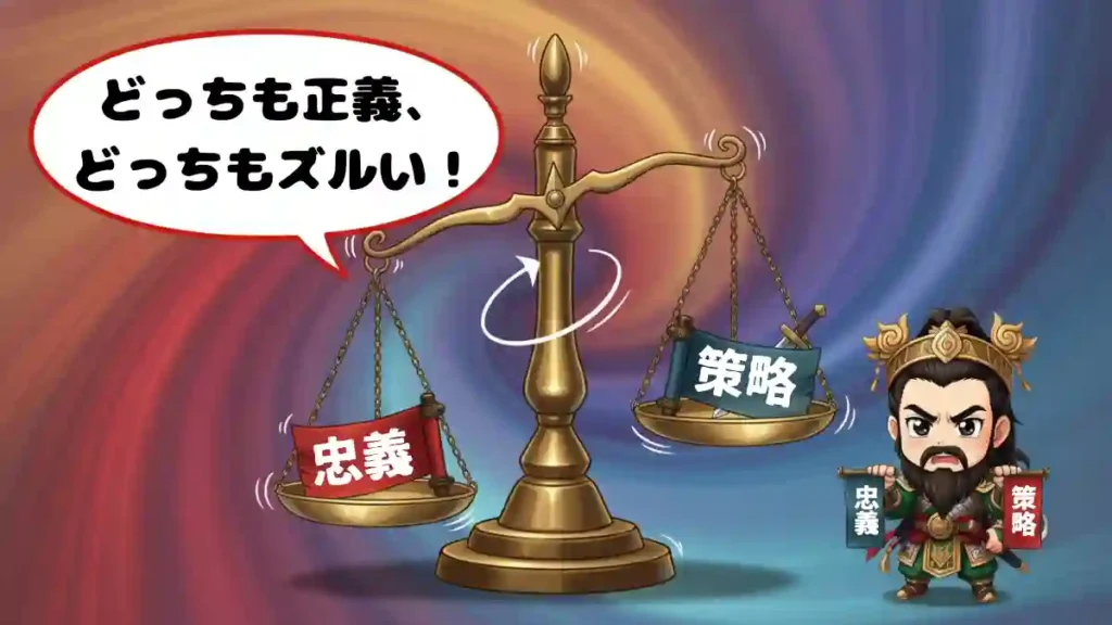 漫画風のちびキャラで描かれた、天秤のイラスト。「忠義」と「策略」の重りが乗った天秤が、どちらにも傾かず微妙に揺れている。上部には吹き出しがあり、「どっちも正義、どっちもズルい!」というテキストが書かれている。2Dアニメ調で、画像サイズは1200x675。