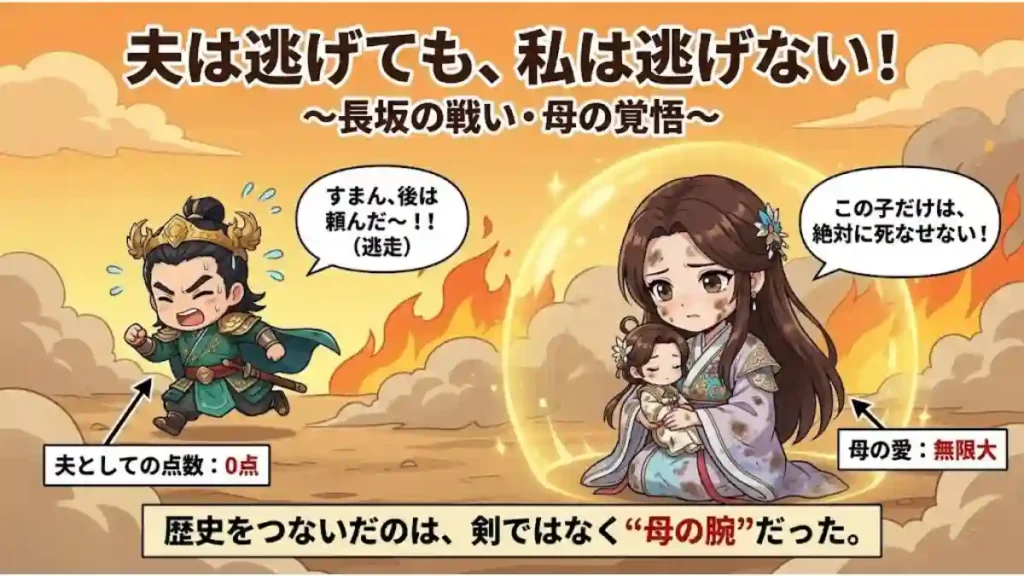 三国志・長坂の戦いを描いたインフォグラフィック。「夫は逃げても、私は逃げない！」と題し、敵からコミカルに逃走する劉備と、戦場で息子・阿斗を必死に守る甘夫人の対比を描写。夫としての点数は0点だが母の愛は無限大であることを表現した、2Dアニメ調のイラストです。
