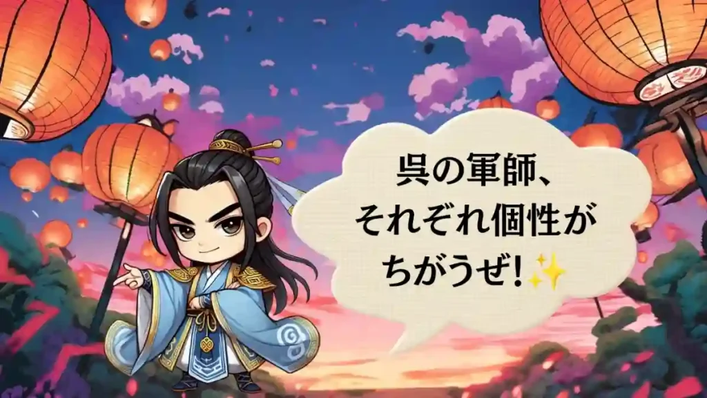 三国志の陸遜を描いたちびキャラのイラスト 背景は秋祭り風で、呉の軍師、それぞれ個性がちがうぜ!の吹き出し