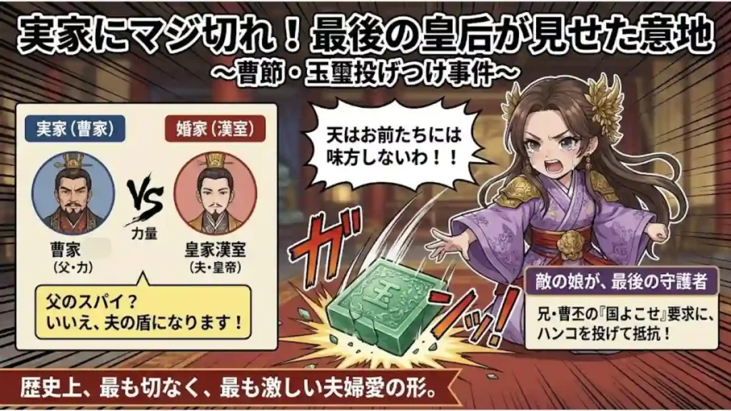 三国志・曹節が玉璽を投げつける逸話のインフォグラフィック。「実家にマジ切れ！最後の皇后が見せた意地」と題し、父・曹操の命に背き夫・献帝を守るため兄・曹丕に抵抗する姿を描写。涙ながらに激怒するイラストと相関図で、漢王朝最期の皇后の覚悟と夫婦愛を解説しています。