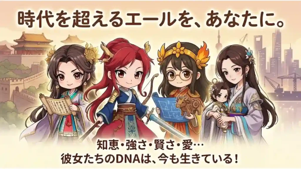 漫画風イラスト。三国志の女性たち（貂蝉、孫尚香、黄月英、甘夫人と阿斗）が、古代の宮殿と現代のビル群が融合した背景の前に並ぶ。上部に大きな文字で「時代を超えるエールを、あなたに。」、下部に「知恵・強さ・賢さ・愛… 彼女たちのDNAは、今も生きている！」というメッセージが書かれている。