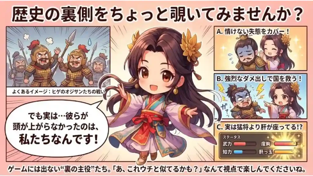 「歴史の裏側をちょっと覗いてみませんか？」というタイトルの三国志図解。中央の女性キャラが、戦う武将たちの裏で、実は妻が夫の失態をカバーしたり、強烈なダメ出しで国を救ったりしていたことを紹介。女性こそが「裏の主役」であり、現代の家庭にも通じる姿であることをコミカルに描いたインフォグラフィック。