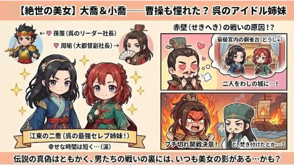 漫画風インフォグラフィック「⑥【絶世の美女】大喬＆小喬」。呉のアイドル姉妹、大喬（孫策の妻）と小喬（周瑜の妻）が中央に描かれる。右側では、曹操が二人を銅雀台に囲おうと妄想し、それを聞いた周瑜が激怒して赤壁の戦いを開戦する様子が、孔明の焚き付けと共にコミカルに描かれている。