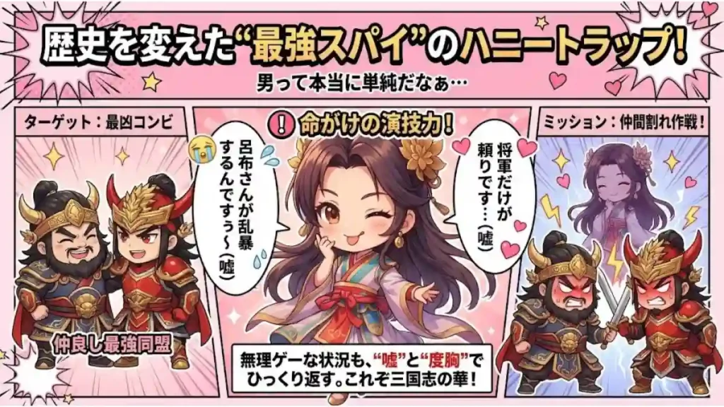 「歴史を変えた“最強スパイ”のハニートラップ！」というタイトルの図解。中央の小悪魔的な貂蝉が、嘘の台詞で董卓と呂布を仲違いさせる様子をコミカルに描いたインフォグラフィック。彼女の演技力と度胸が「無理ゲー」な状況を覆したことを、親しみやすい2Dアニメ調のキャラクターで分かりやすく解説しています。