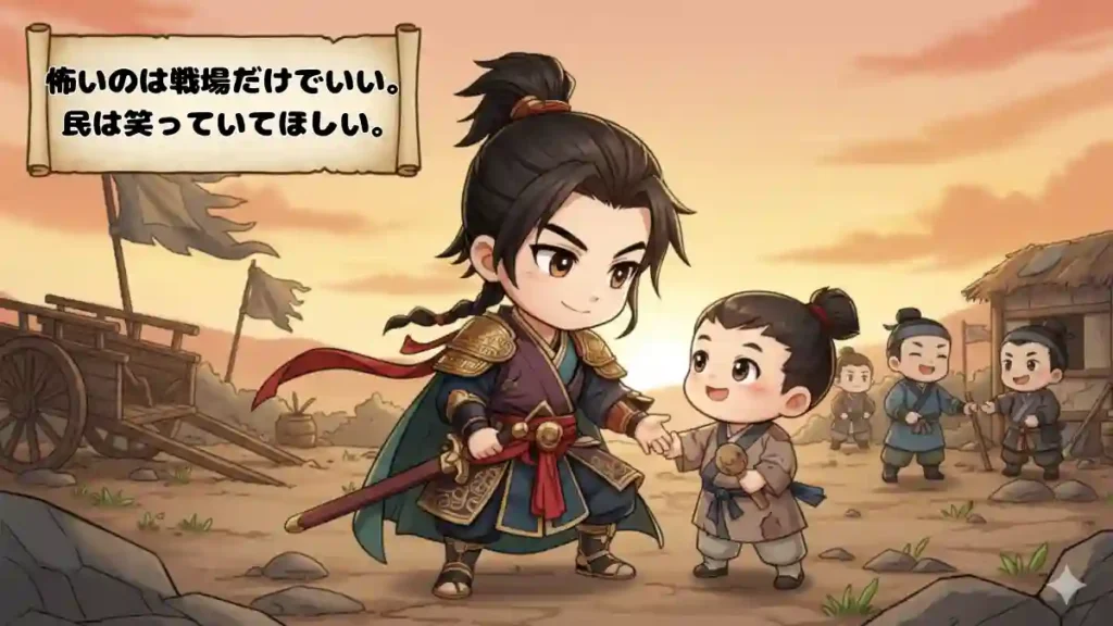 戦後の夕焼け空の下、漫画風ちびキャラの張遼が、手に持つ剣を下げて小さな男の子に優しく微笑みかける様子を描いた2Dアニメ調のイラスト。張遼は戦場での鋭さを消し、穏やかな表情をしている。男の子は安心した様子で張遼を見つめている。背景には戦の痕跡と簡素な村の風景があり、他の村人も描かれている。画面左上には『怖いのは戦場だけでいい。民は笑っていてほしい。』というメッセージが掲げられている。