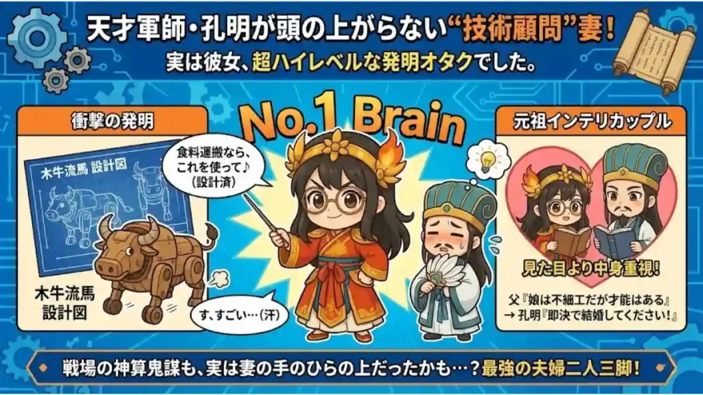 三国志の黄月英と諸葛亮のインフォグラフィック。「天才軍師・孔明が頭の上がらない技術顧問妻」と題し、発明品の木牛流馬や仲良く読書する夫婦の姿を描写。自信満々な黄月英と妻の才能に感服する諸葛亮のちびキャラを用い、最強のインテリ夫婦の関係をコミカルに解説しています。