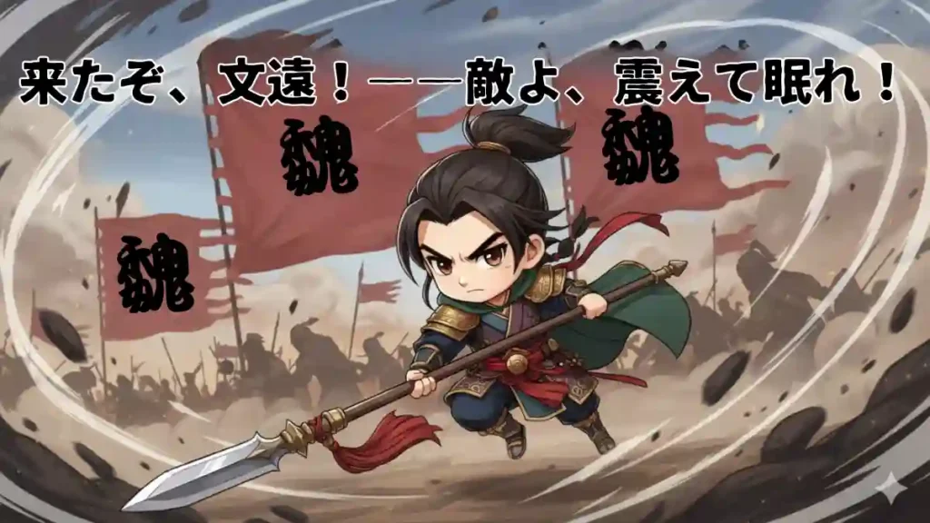 漫画風のちびキャラで描かれた、戦場に登場する魏の武将・張遼(文遠)。鋭い眼差しで正面を見据え、長い槍を構えている。背景には土煙が舞い上がり、後方には「魏」の文字が入った赤い軍旗が何本もたなびき、兵士たちのシルエットが見える。画面上部には力強いフォントで「来たぞ、文遠!――敵よ、震えて眠れ!」というテキストが入っている。