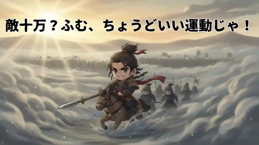 漫画風のちびキャラで描かれた、夜明けの合肥の戦いの戦場に突撃する張遼と少数の兵士たち。ちびキャラの張遼が馬に乗り、槍を構えて先頭を進んでいる。その後ろには数人のちびキャラの兵士が続く。彼らは深い霧の中から現れ、背景には朝日が昇り、広がる霧の中に無数の敵兵のシルエットが霞んで見える。画面上部には「敵十万?ふむ、ちょうどいい運動じゃ!」というテキストが力強く配置されている。