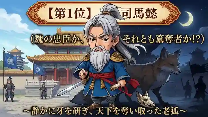 昼の魏の宮殿と夜の暗闇に潜む狐を背景に立つ、剣を持ったデフォルメされた司馬懿のイラスト。上部に「【第1位】司馬懿」、中央に「（魏の忠臣か、それとも簒奪者か！？）」、下部に「～静かに牙を研ぎ、天下を奪い取った老狐～」というテキストが配置されています。