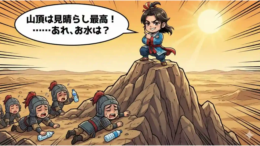 漫画風のちびキャラによる三国志のワンシーン。山頂で腕を組み「見晴らし最高!」と得意げな表情を浮かべる馬謖と、その麓で水不足により干からびて倒れ込んでいる蜀軍兵士たちの対比。馬謖の「油断」と「独断」が招いた危機的状況を、コミカルかつ分かりやすく表現したイラスト。