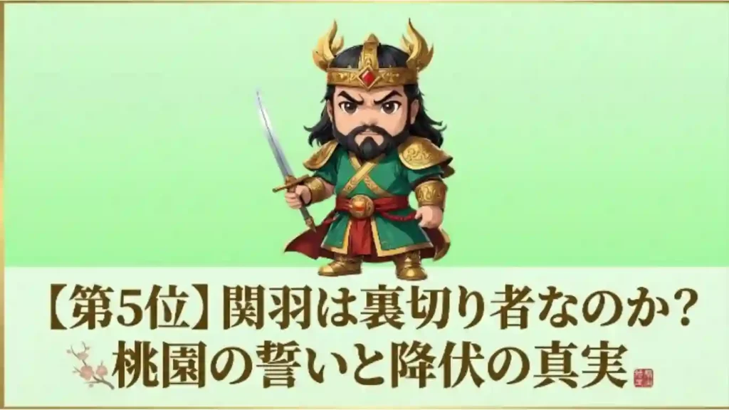 「関羽は裏切り者なのか？桃園の誓いと降伏の真実」というテキストが入った、三國志の関羽をモチーフにしたちびキャラのイラスト。緑の衣装と金の防具を身にまとい、剣を構えた勇ましい姿が描かれています。背景はシンプルな薄緑色で、記事のランキング第5位を紹介するアイキャッチ画像です。