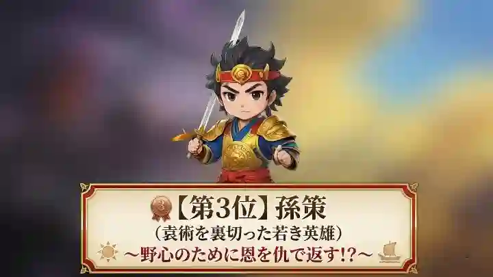 Gemini の回答
「【第3位】孫策（袁術を裏切った若き英雄）～野心のために恩を仇で返す！？～」のテキストと、三国志の孫策を描いたちびキャライラスト。青と赤の衣装に金の鎧を身にまとい、剣を構える若々しく凛々しい姿です。背景は紫や黄色のグラデーションになっています。