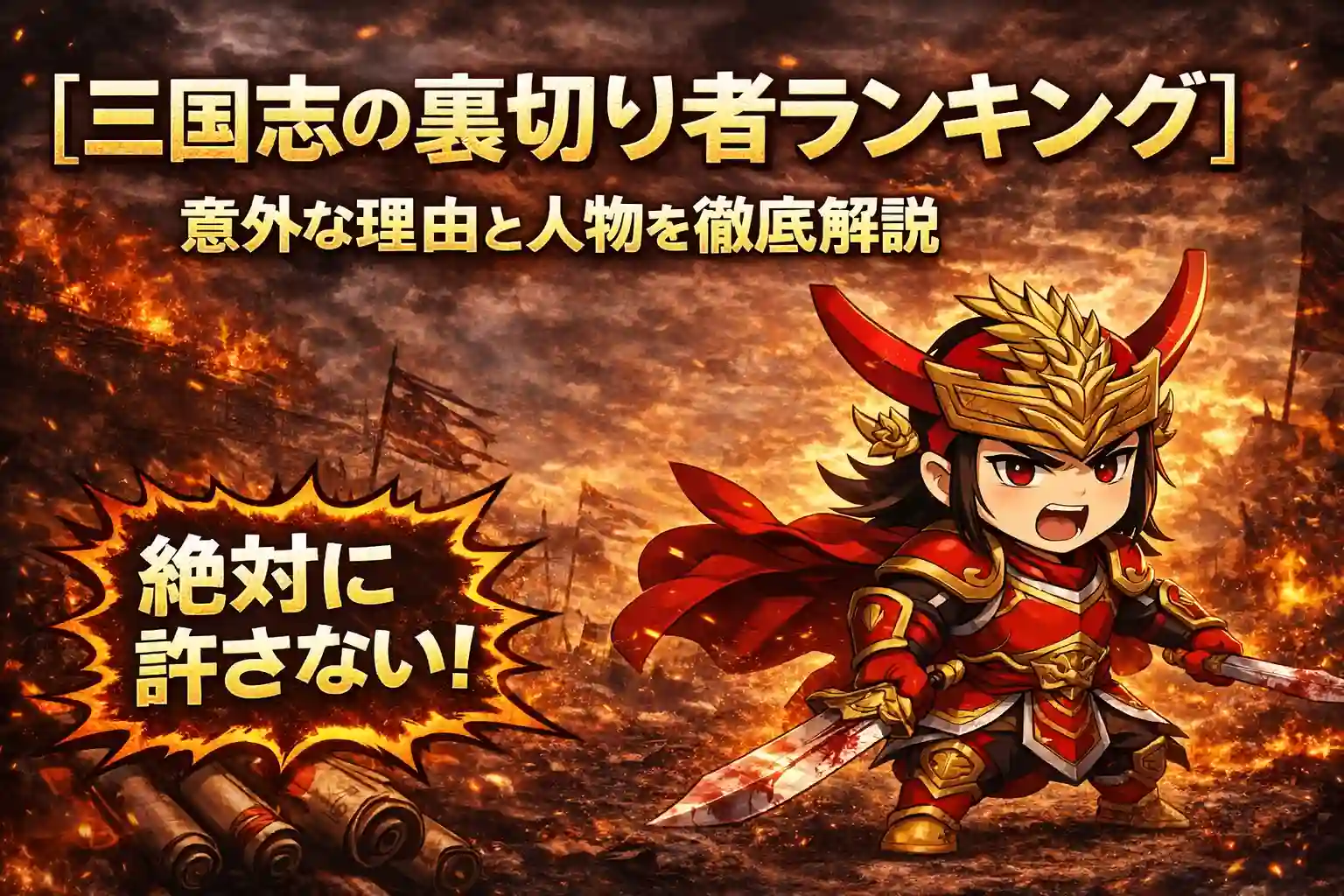 高CTRを狙ったブログアイキャッチ画像を生成する アスペクト比： 16:9 背景： 記事テーマに合ったドラマチックな背景（汎用的なものは避ける） 三国志の場合は、古代中国の戦場・炎・暗い空・戦乱の雰囲気を含める 高コントラスト（暗＋強い光）で視認性を高める 余白： 上下左右に10〜15%の余白を確保（特に上部と左右） スマホ表示でも文字が切れないようにする メインタイトル： 4〜8文字の大きく太い日本語テキスト 感情を強く動かす言葉・好奇心を煽る表現にする（抽象的・一般的な言葉は禁止） 画面上部中央に配置 白文字＋太い黄色の縁取り 左右に十分な余白を確保 サブタイトル： メインタイトルの直下に短いインパクトのある一文 驚き・緊急性・意外性を感じさせる内容にする 中央配置 メインビジュアル： 三国志のチビキャラ（武将・軍師など）＋テーマを象徴する小物（例：剣、炎、巻物など） 感情表現を強くする（驚き・怒り・勝利など） 位置： キャラクターは画面下部に配置し、右に10%ずらす（中央禁止） 完全な水平中央には配置しない 吹き出し： 爆発風の吹き出しを使用 キャラクターの左に配置 キャラクターと重ならないよう明確に間隔を空ける 「え!?」などの汎用表現は禁止し、強いリアクションの言葉にする デザインスタイル： YouTubeサムネイル風 シンプルで高コントラスト ドラマチックなライティング 重要要素（タイトル・サブタイトル）は中央寄せでスマホ最適化 禁止事項： キャラクターと吹き出しの重なり キャラクターの中央配置 弱い・抽象的・一般的なテキスト表現 背景と文字のコントラスト不足