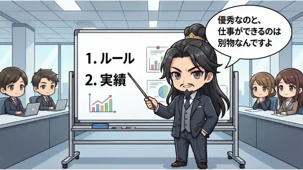 漫画風のちびキャラによるイラスト。スーツ姿の孔明がオフィスで講師となり、ホワイトボードに書かれた「1. ルール」「2. 実績」を指示棒で指し示している。吹き出しには「優秀なのと、仕事ができるのは別物なんですよ」とあり、馬謖のエピソードを元に、知識と実務能力の違いというビジネスの教訓を説いている場面。