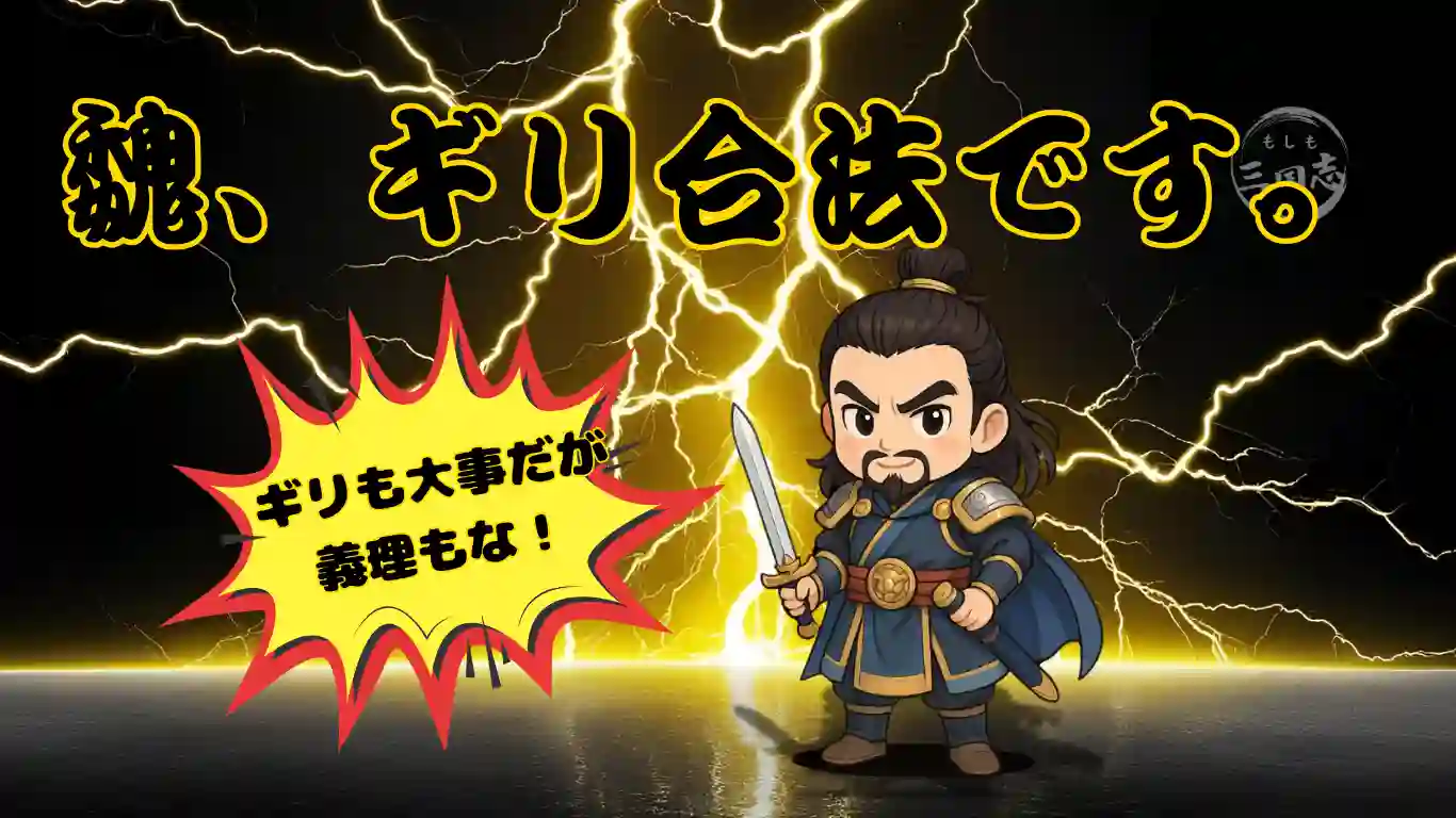 i稲妻の背景に、三国志のちびキャラで曹操のイラスト。テキストで魏、ギリ合法です。 バクハツ吹き出しでギリも大事だが義理もな！