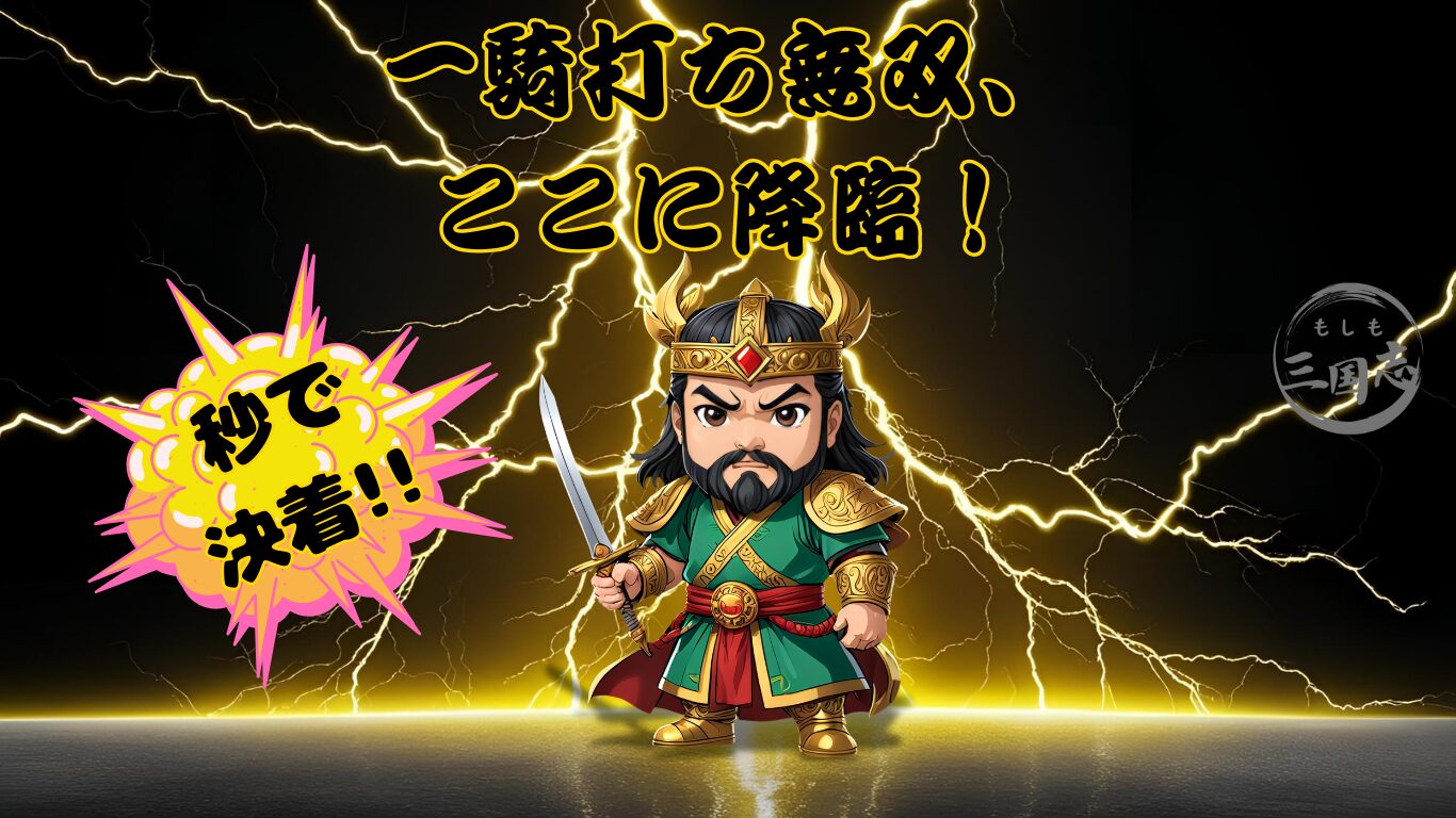 三国志のちびキャラ関羽、稲妻の背景に一騎打ち無双ここに降臨のテキスト