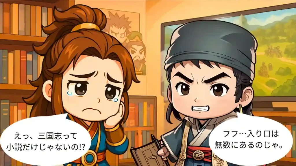 図書館の背景の前に、孫権と賈詡が向き合っている。孫権は「えっ、三国志って小説だけじゃないの!?」と困惑し、賈詡は「フフ...入り口は無数にあるのじゃ。」と説明している。三国志の多様な入門方法を示唆するイラスト。