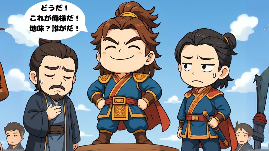 三国志のちびキャラで孫権がどうだ!これが俺様だと言ってる脇で周瑜と張昭が困っている