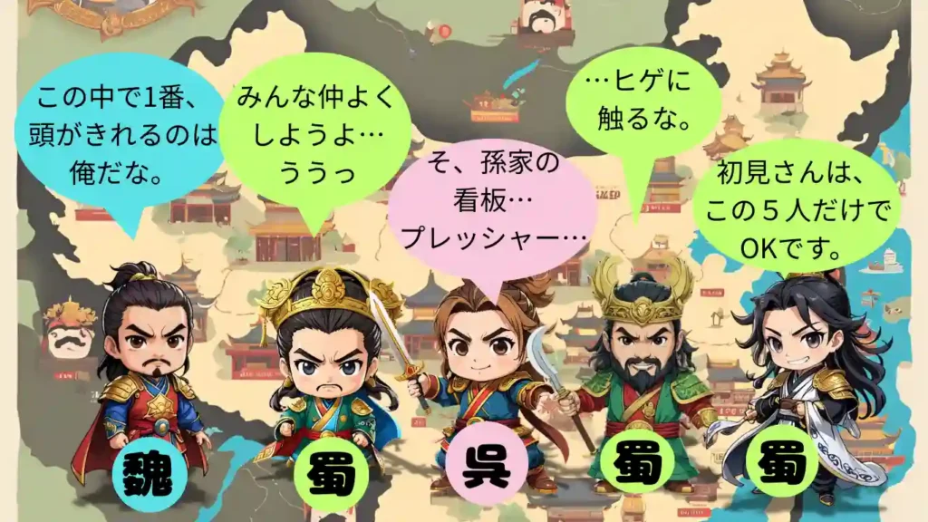 三国志の主役たち
ちびキャラの曹操、劉備、孫権、関羽、諸葛亮
それぞれが吹き出しでコメントしているイラスト