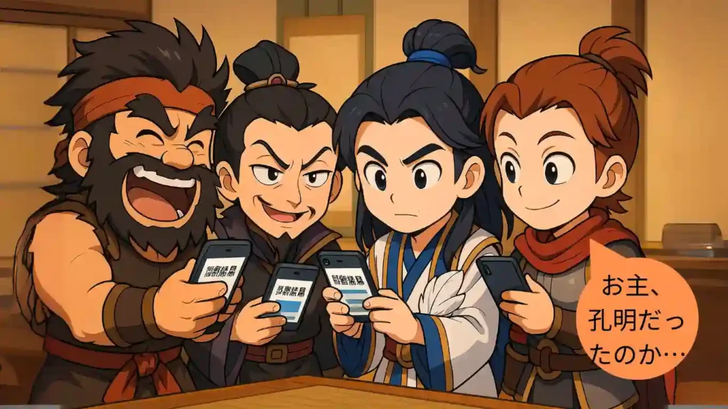 スマートフォンを手に軍師診断の結果を見せ合う4人のデフォルメキャラ。羽扇を持つ諸葛亮を中心に、驚いたり笑ったりする仲間たちが描かれている。「お主、孔明だったのか…」という吹き出しがあり、SNSでの結果シェアを促す賑やかなまとめ用アイキャッチ画像。