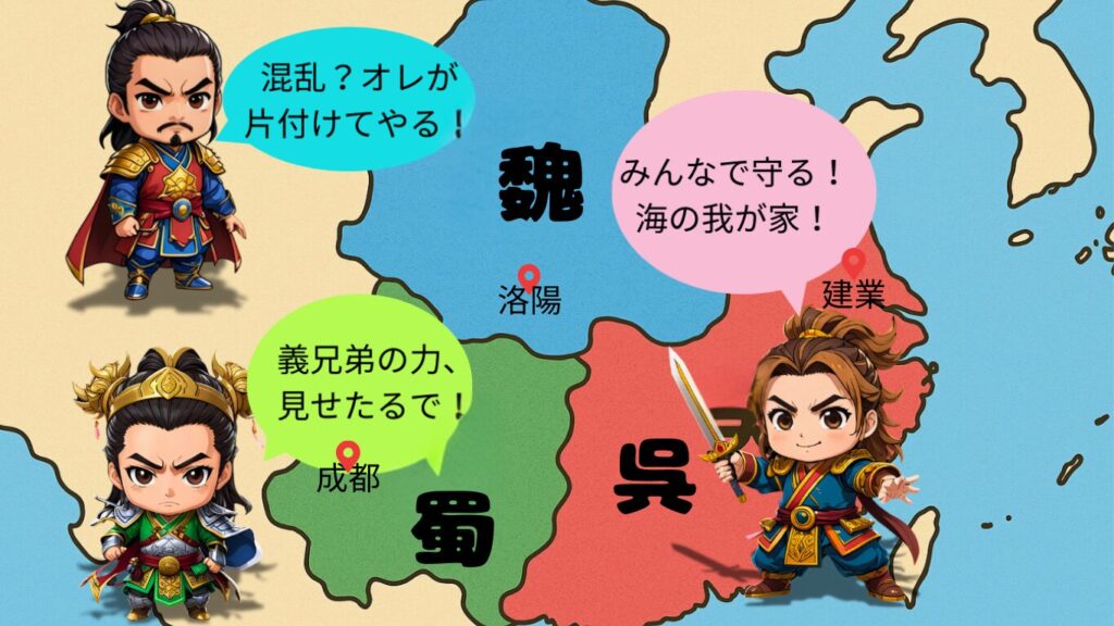 三国志の時代の地図とちびキャラで曹操、孫権、劉備