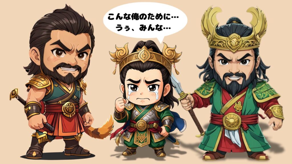 三国志のちびキャラで劉備、関羽張飛