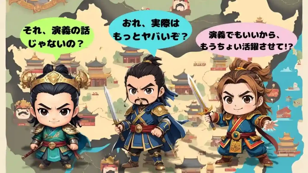 劉備・曹操・孫権のちびキャラが集結したイラスト。魏・呉・蜀、それぞれの国を象徴する三人の君主が並び、三国志の壮大な歴史の始まりを予感させる、ブログ記事のまとめや導入に最適な2Dアニメ調のデザイン。