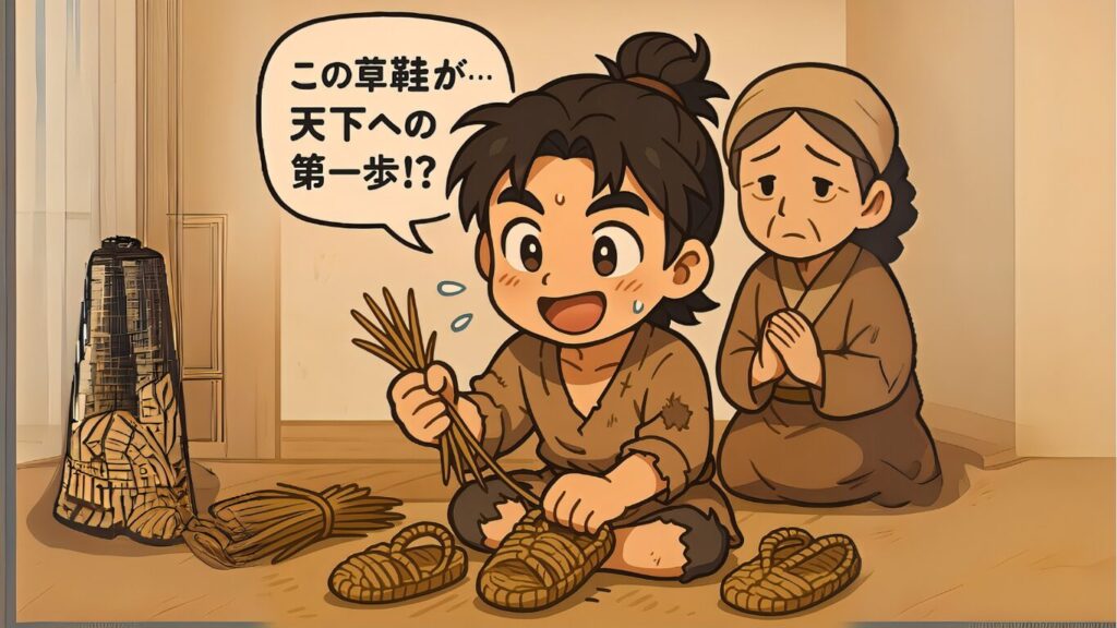 三国志のちびキャラで劉備が母と草履を作る
