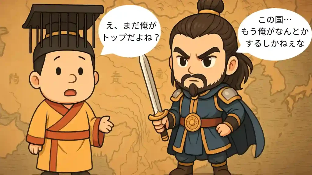 曹操が後漢の皇帝を保護し、その権威を政治に利用した「奉戴（ほうたい）」の構図を、皮肉を込めてコミカルに描いたイラスト。