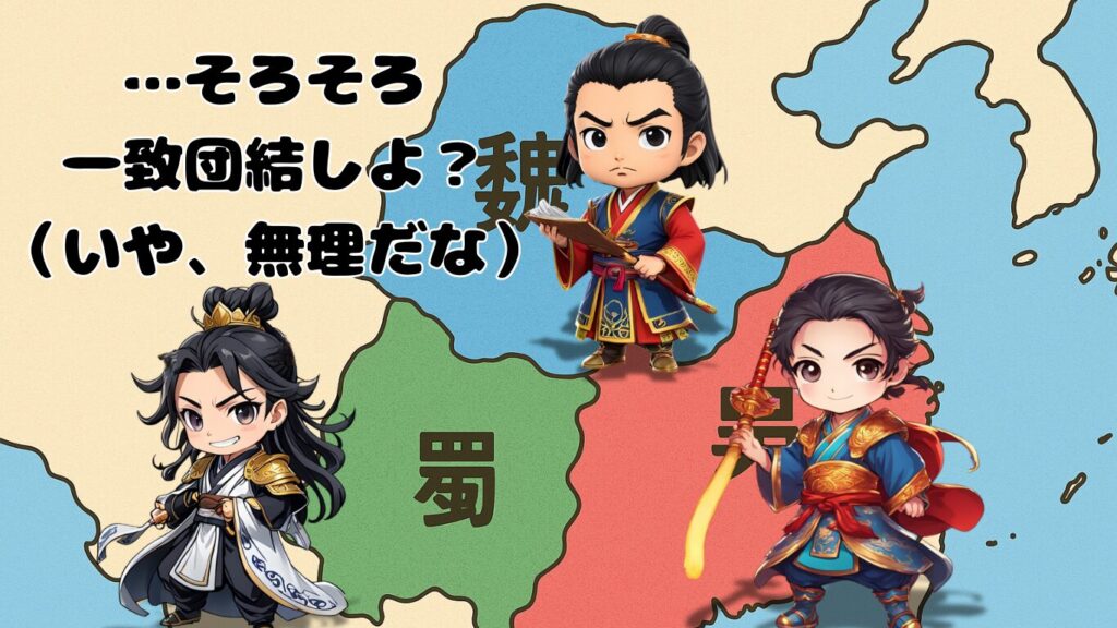 三国志の地図上に、ちびキャラの魏の軍師の荀彧と、蜀の軍師の諸葛亮と呉の軍師の周瑜がいる