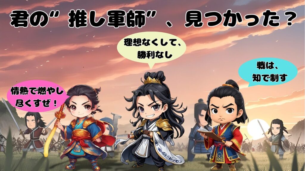 夕焼けの戦場にちびキャラの魏の軍師の荀彧と、蜀の軍師の諸葛亮と呉の軍師の周瑜がいる
