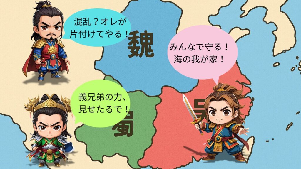 三国志の主役たちの劉備、曹操、孫権が三国時代の地図の上でそれぞれコメントしているイラスト