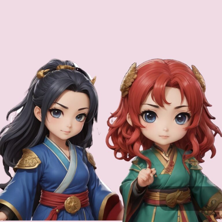 三国志のヒロイン、ちびキャラで大喬と小喬ピンク背景