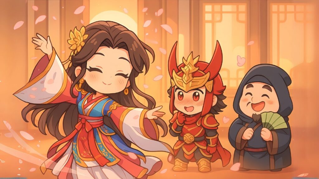 三国志のちびキャラで貂蝉にみとれる呂布