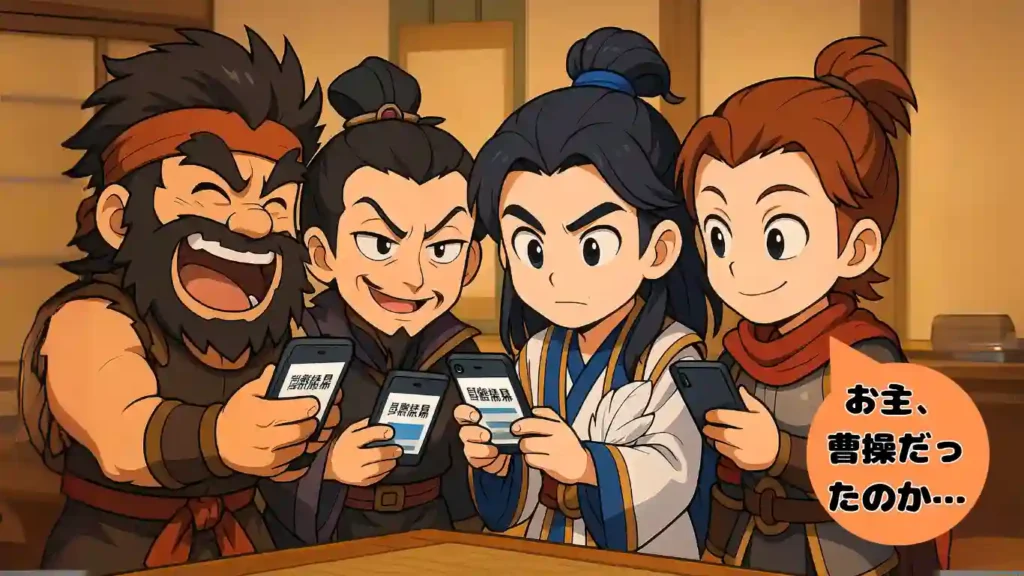 4人の武将たちがスマホの画面を見せ合いながら談笑しているイラスト。右端のキャラクターが「お主、曹操だったのか…」という吹き出しでツッコミを入れており、診断結果を共有して楽しんでいる様子を描写。