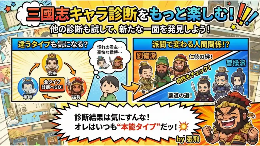 三国志キャラ診断の楽しみ方を解説したコミカルなイラスト。「他の診断も試して、新たな一面を発見しよう!」という呼びかけと共に、「違うタイプも気になる?」や劉備派・曹操派の人間関係の変化が描かれている。下部には張飛が豪快に笑いながら「診断結果は気にすんな!オレはいつも“本能タイプ”だッ!」と叫んでいる。