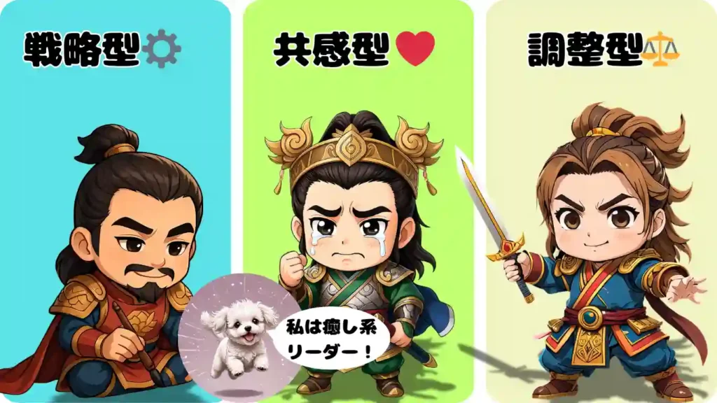 三国志の英傑でリーダータイプを比較した図。左は筆を持つ曹操で「戦略型」、右は剣を構える孫権で「調整型」。中央は涙を流す劉備で「共感型」とされ、愛犬のめるが「私は癒し系リーダー！」と話す吹き出し付き。それぞれの個性をデフォルメキャラで表現している。