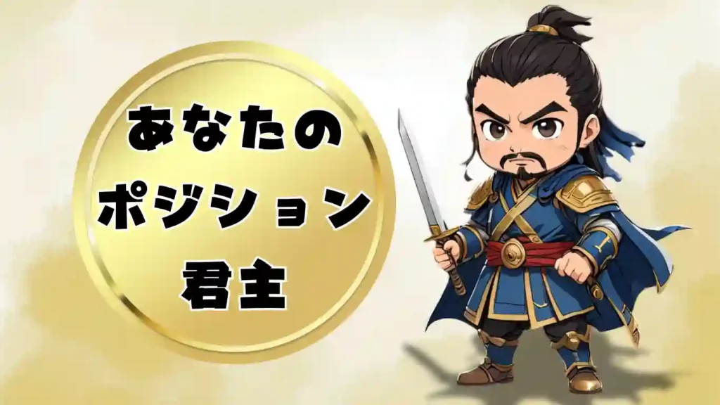 三国志人物診断の結果発表画像。金色の背景に「あなたのポジション 君主」という文字が輝く。その横には、剣を手に持ち、鋭い眼差しで指揮を執るかのようなちびキャラの曹操(そうそう)が描かれている。乱世を導くカリスマ性と決断力を感じさせる、君主タイプ専用の診断結果イラスト。