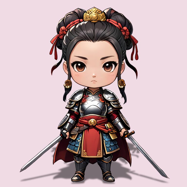 三国志のヒロイン、ちびキャラで王異ピンク背景