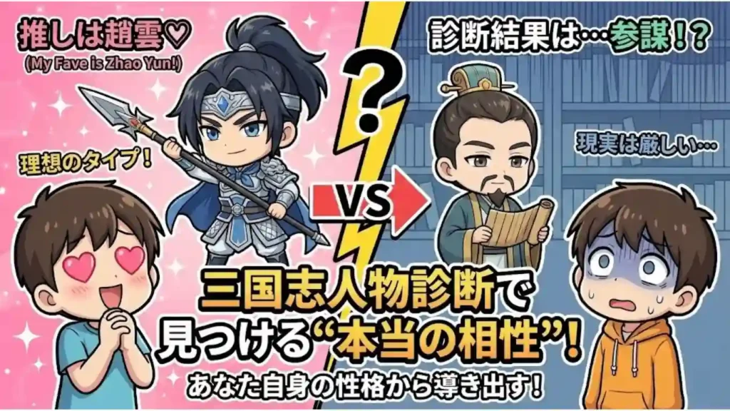 三国志人物診断で「推し」と「実際の結果」のギャップを描いたコミカルなイラスト。左側では「推しは趙雲♡」と理想の武将に目を輝かせているが、右側では「診断結果は…参謀!?」と表示され、「現実は厳しい…」とショックで青ざめている。中央には「三国志人物診断で見つける“本当の相性”!」という文字がある。