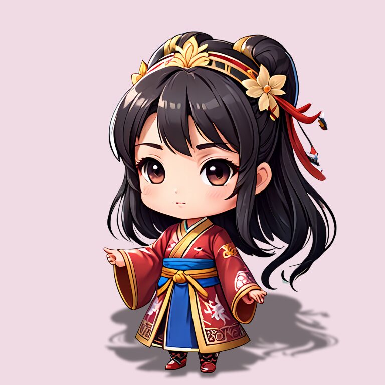 三国志のヒロイン、ちびキャラで甄氏ピンク背景