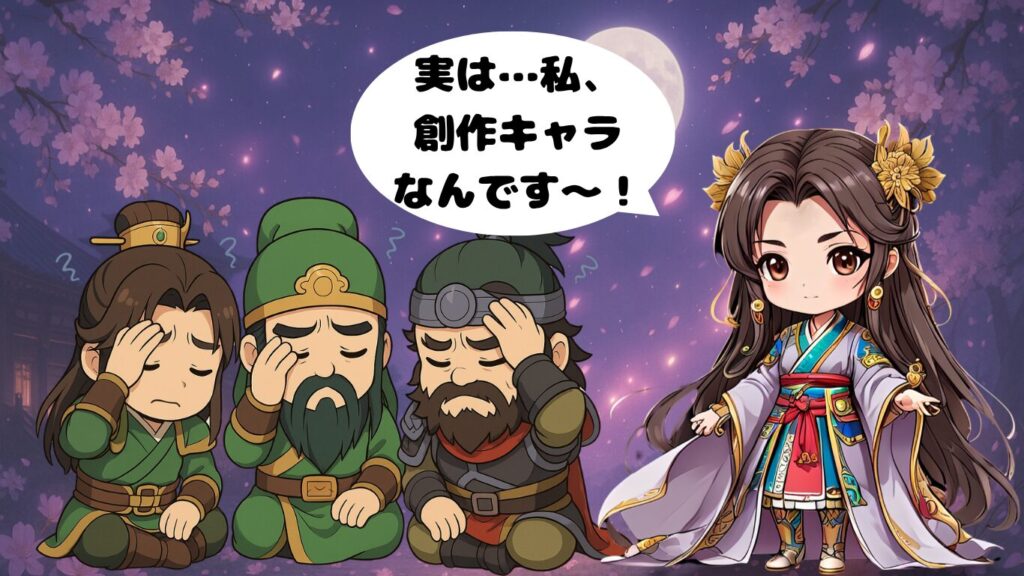 三国志のちびキャラで貂蝉、頭を抱える劉備、関羽、張飛