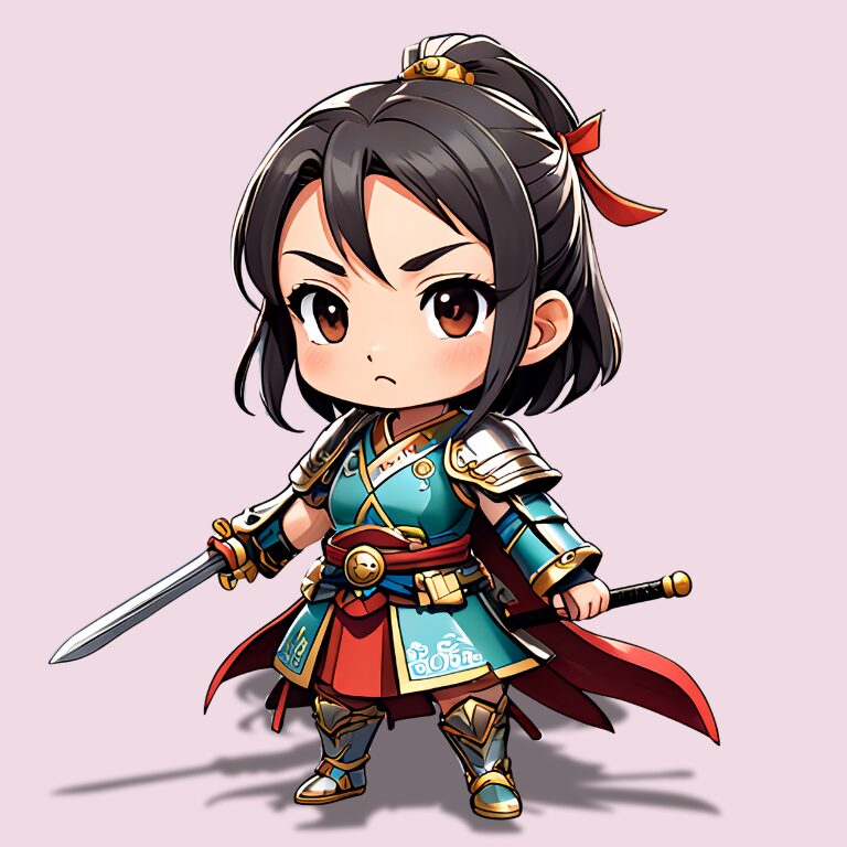 三国志のヒロイン、ちびキャラで馬雲禄ピンク背景