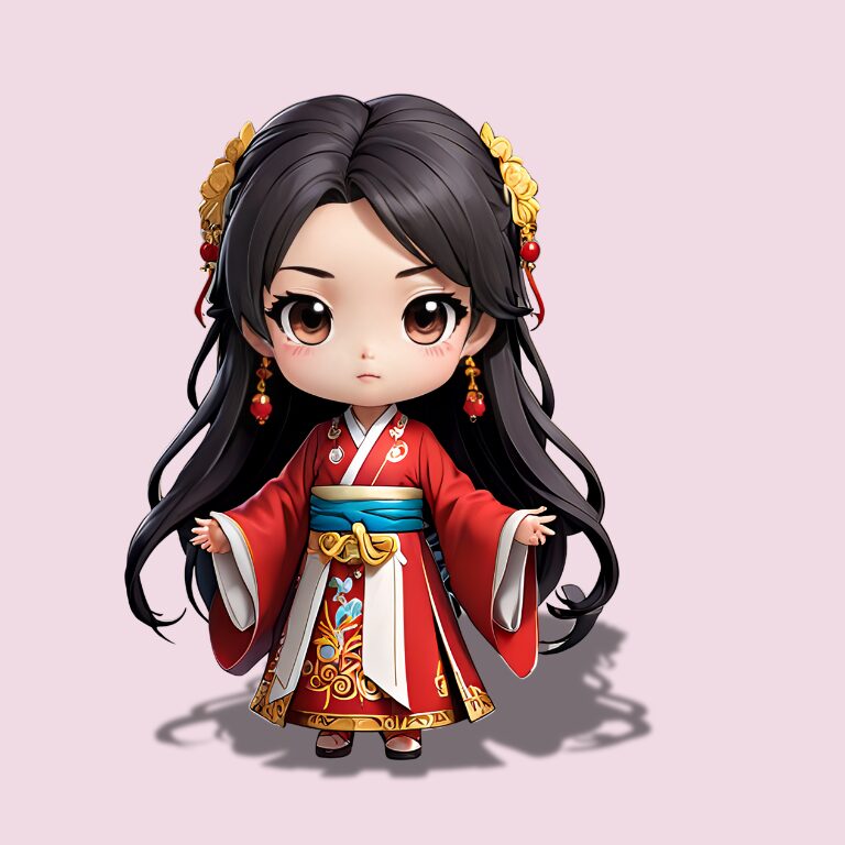 三国志のヒロイン、ちびキャラで歩練師ピンク背景