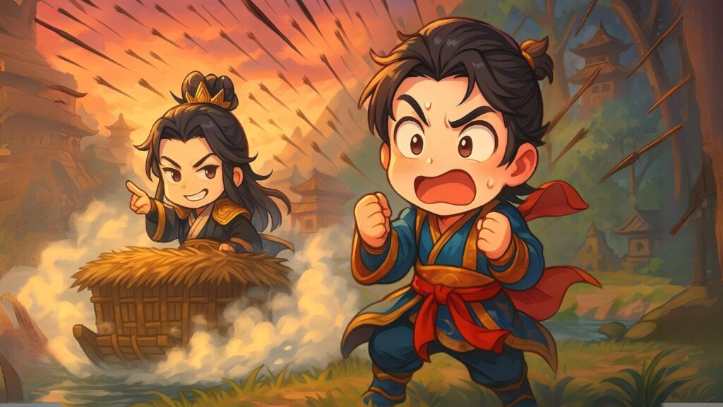 パリピ孔明の10万本の矢、ちびキャラで周瑜と諸葛亮