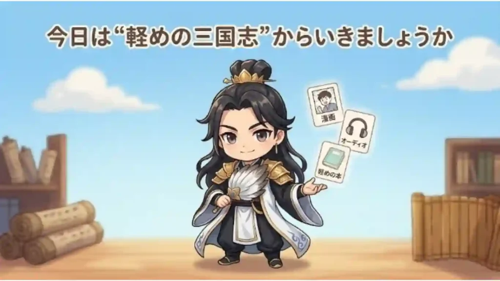 「今日は“軽めの三国志”からいきましょうか」という文字と、笑顔の諸葛亮孔明のちびキャラが描かれたイラスト。孔明が羽扇を持ちながら、「漫画」「オーディオ」「軽めの本」の3つの選択肢カードを優しく提案しているデザインです。